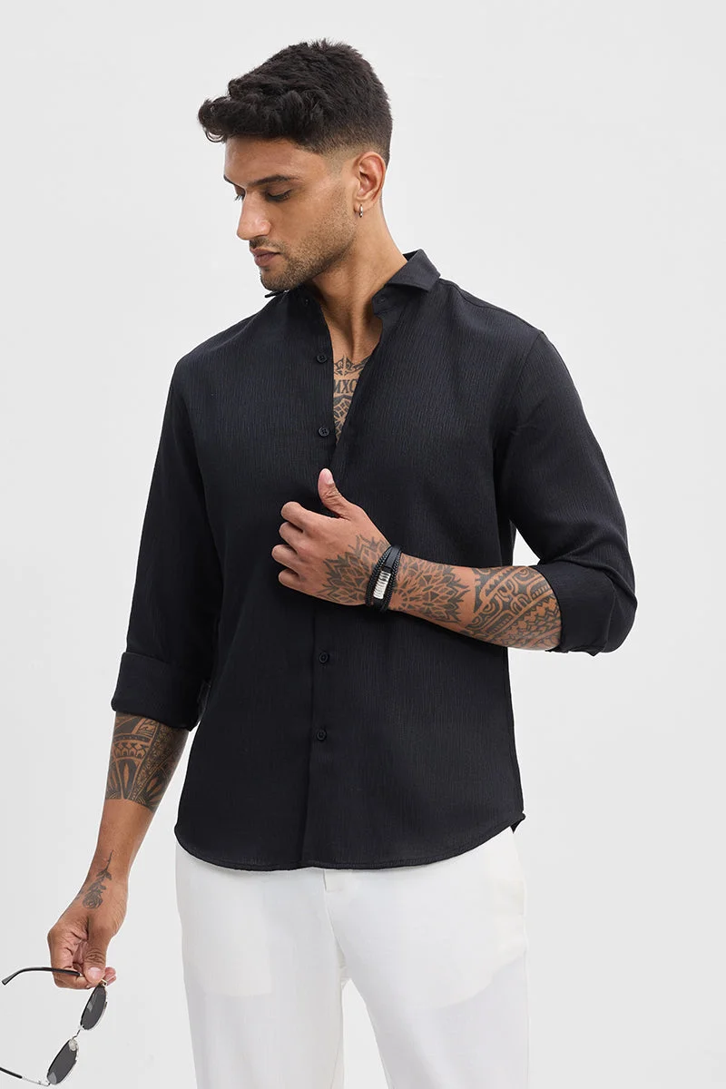 SNITCH Black Textured Long Sleeve Slim Fit Casual Shirt