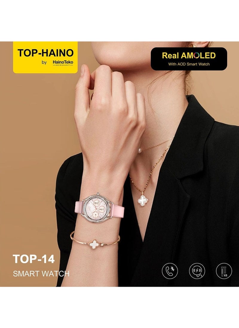 هينو تيكو - ساعة Haino Teko TOP14  اللون: وردي الشاشة: Amoled - نظام التشغيل: Android، iOS الاتصال: بلوتوث 4.2 عمر البطارية: 5 أيام استعداد مكالمات بلوتوث قارئ الموسيقى - Image 1