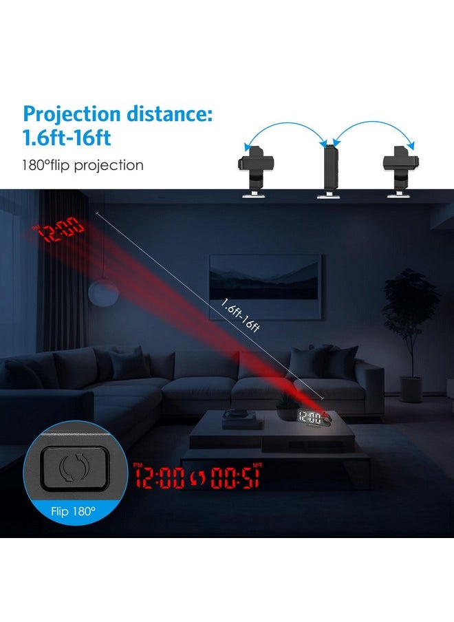 امير ساعة منبه AMIR Projection لغرفة النوم، ساعة منبه LED مقاس 7.9 بوصة مع جهاز عرض قابل للدوران 180 درجة، ساعة رقمية مع سطوع، شاشة كبيرة، درجة حرارة للنوم الثقيل، غفوة  - Image 3