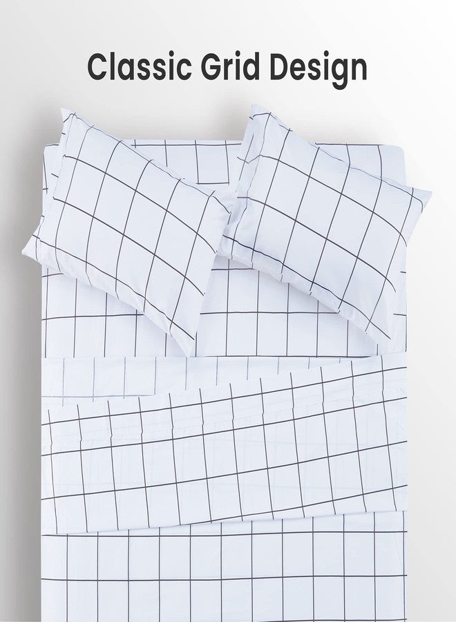 SLEEP ZONE Printed Plaid Twin Bed Sheets Set for Kids 3 Piece - Double Brushed Microfiber Super Soft Breathable Bedding Sheets with 16 inch Deep Pocket (Black Grid Printed on White) - Image 2