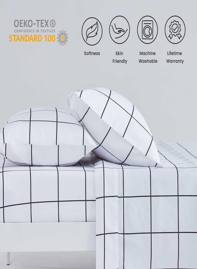 SLEEP ZONE Printed Plaid Twin Bed Sheets Set for Kids 3 Piece - Double Brushed Microfiber Super Soft Breathable Bedding Sheets with 16 inch Deep Pocket (Black Grid Printed on White) - Image 5