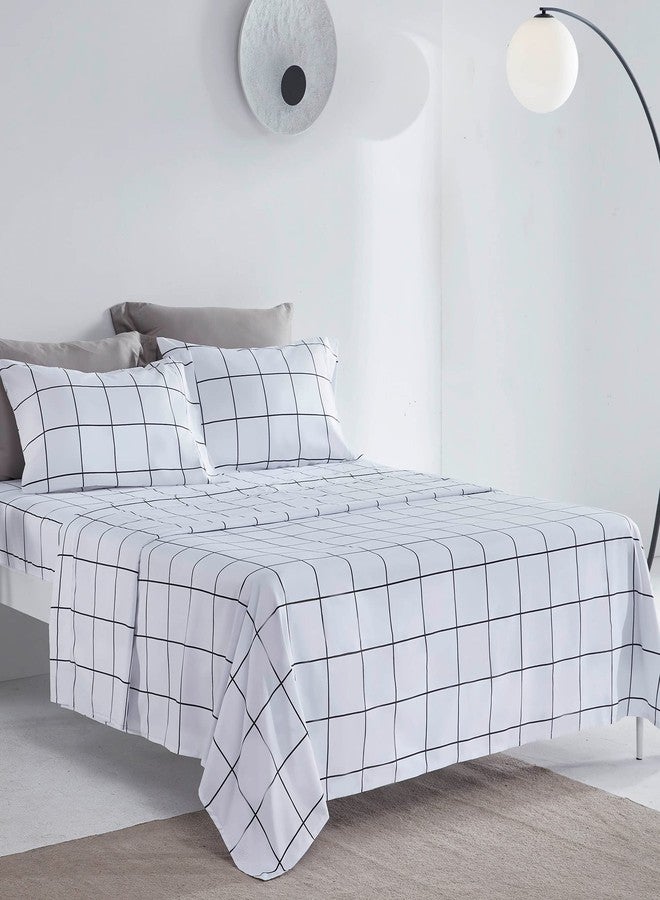 SLEEP ZONE Printed Plaid Twin Bed Sheets Set for Kids 3 Piece - Double Brushed Microfiber Super Soft Breathable Bedding Sheets with 16 inch Deep Pocket (Black Grid Printed on White) - Image 1