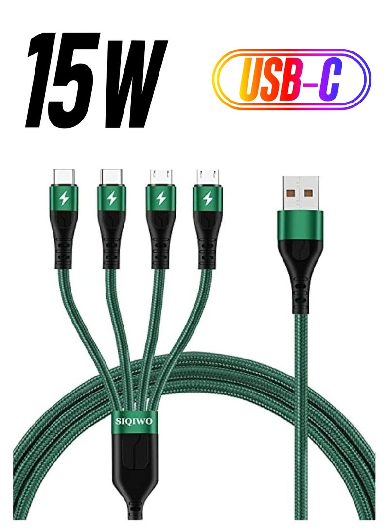 كابل شحن متعدد، [3A 1.2M] سلك شاحن USB مجدول 4 في 1 من النايلون مع 2 منفذ شحن سريع Micro USB+2 نوع C، لهاتف iPhone 15، وSamsung Galaxy S23 S21 S9، وNexus، وLG، وXiaomi، وHuawei، وSony، وPS4 - Image 1