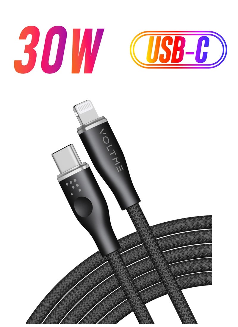 VOLTME - USB C to Lightning Cable, PD 30W Powerlink RUGG Double Nylon Braided Fast Charging Cord (2.0m/6.6ft), USB 2.0 with 480Mbps Data Transfer Speed, Compatible with iPhone 14/14 Plus/14 Pro/14 Pro Max/iPhone 13/12/11/XS/Pro Max/Pro/Mini/SE, iPad 9, and More Devices (Black) - Image 1