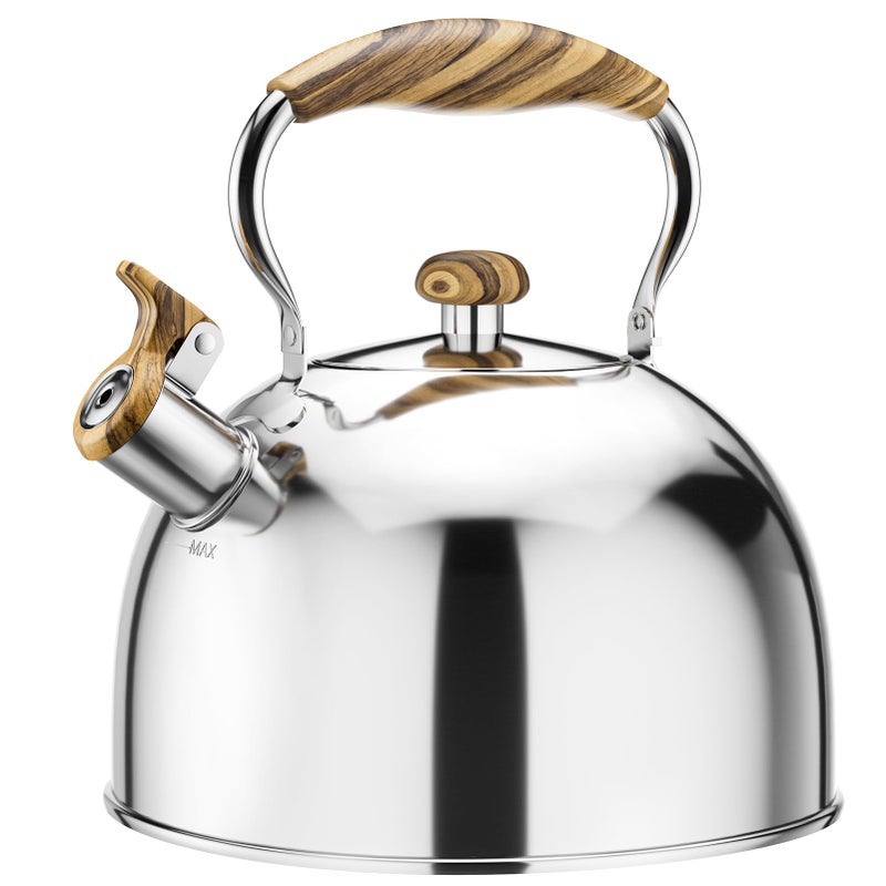 Chefbar Tea Kettles Stovetop 26 Quart Whistling Tea Kettle for Stove Top Food Grade Stainless Steel Teapot Tea Pot with Wood Pattern Handle for Home Kitchen Silver