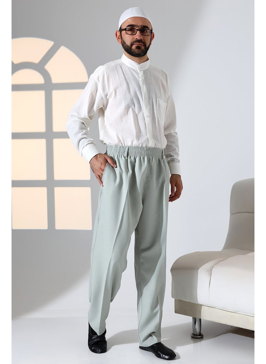 İhvan Online - Ihvan Online Men's Casual Cut Elastic Waist Pocket Hajj and Umrah Fabric Shalwar Pants - Aqua Green (Isr) - Image 1