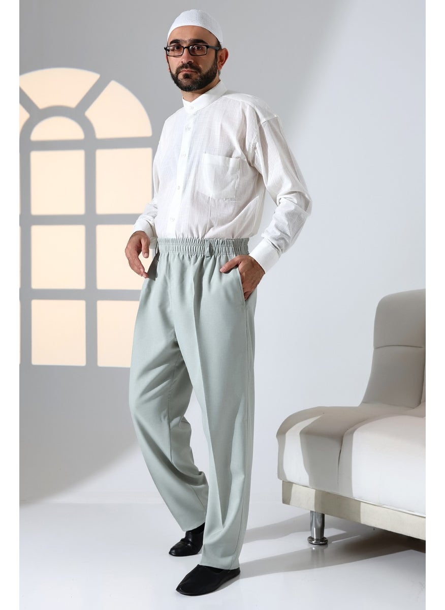 İhvan Online - Ihvan Online Men's Casual Cut Elastic Waist Pocket Hajj and Umrah Fabric Shalwar Pants - Aqua Green (Isr) - Image 1