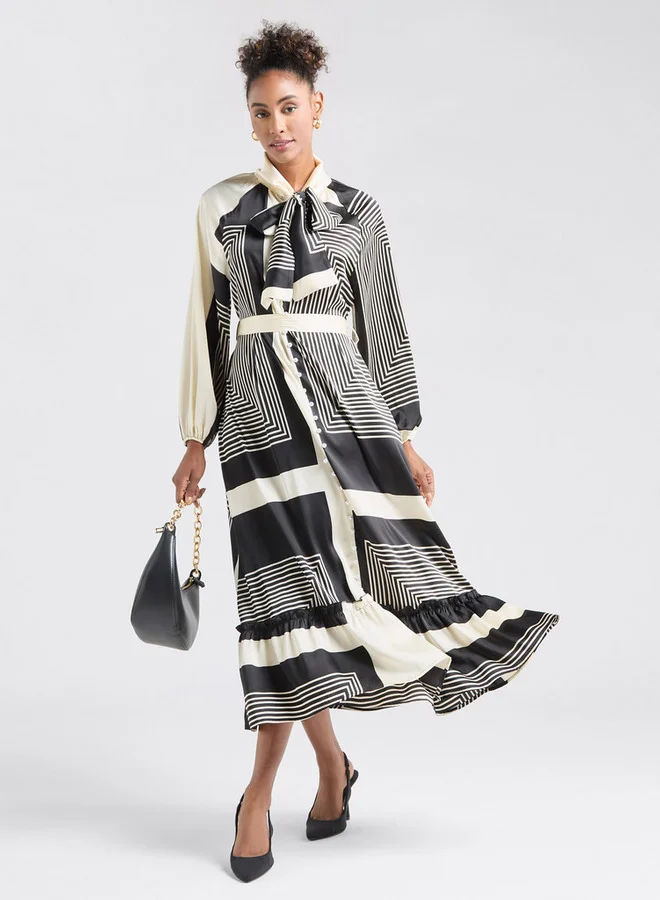 سبلاش فيڤ فستان قميص بأكمام طويلة وحافة واسعة وطبعات