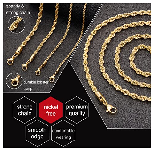 Monily 24K Gold-Plated 3MM 22 Inches Stainless Steel Twist Rope Chain Necklace Mens Womens Necklace Jewelry - Image 4