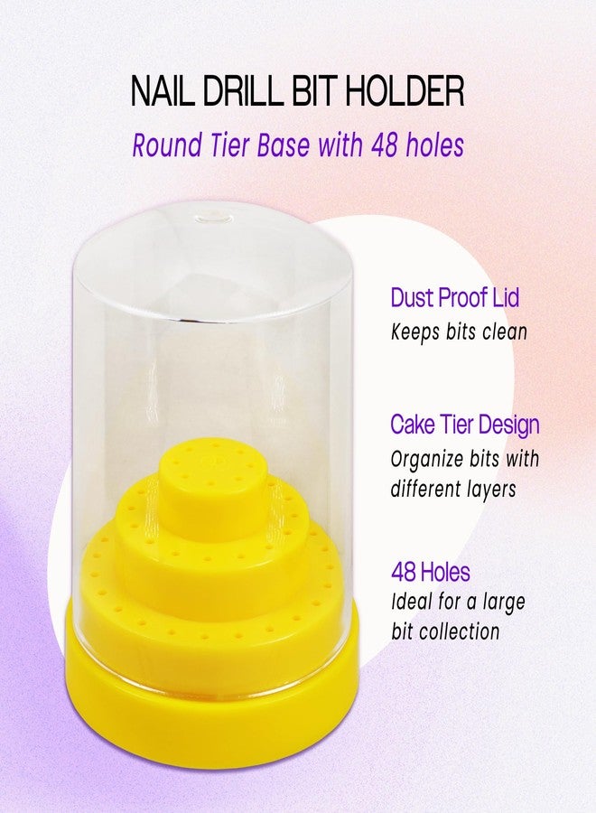 PANA Round Cake Tier Nail Drill Bit Holder Display Organizer Case - Dustproof Carbide Bit Storage Container Box For Manicure Tools Nail Salon - 48 Holes Yellow (Drill Bits Not Included) - Image 2