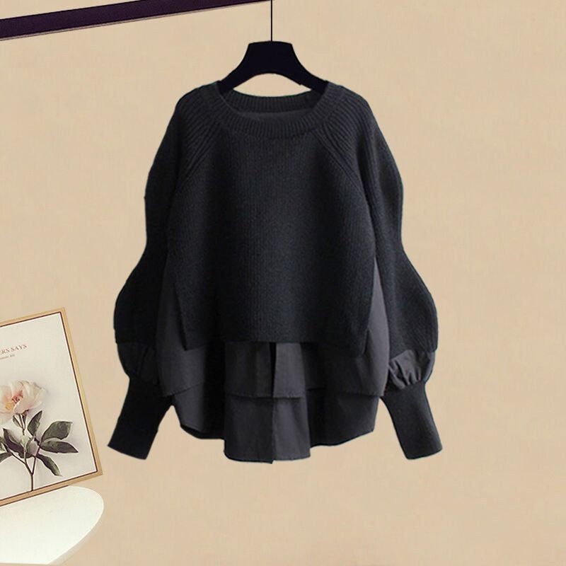 Autumn 2024 Plus Size Faux Layered Shirt  Skirt Set for Women Black coat [single piece]]