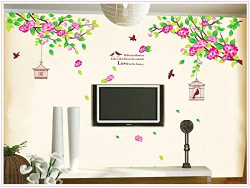 HEUREKA Large Pink Hibiscus Flower Bird Cage PVC Vinyl Home Decor Wall Sticker (60 CM X 90 CM)-Self-Adhesive - Image 3