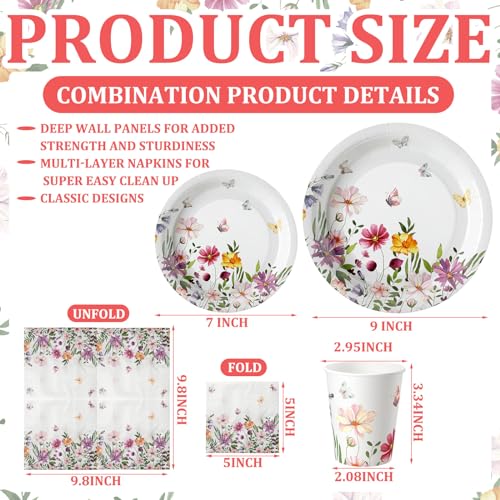 Hsei 250 Pcs Spring Wildflower Party Decoration Baby Shower Disposable Tableware Sets Birthday Supplies Serves 50 Guests Disposable Plates Napkins and Cups for Baby Bridal Shower Birthday Party - Image 2