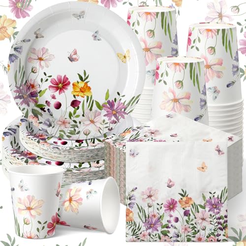 Hsei 250 Pcs Spring Wildflower Party Decoration Baby Shower Disposable Tableware Sets Birthday Supplies Serves 50 Guests Disposable Plates Napkins and Cups for Baby Bridal Shower Birthday Party - Image 1