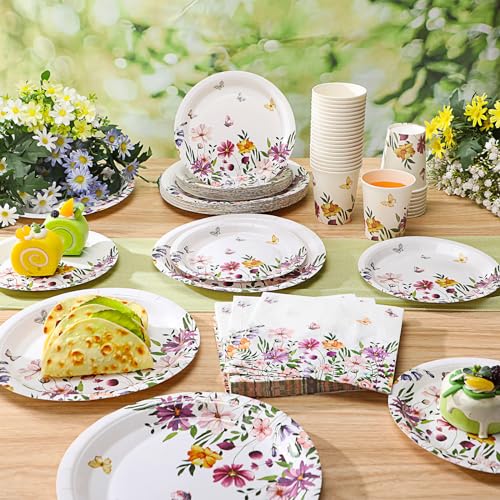Hsei 250 Pcs Spring Wildflower Party Decoration Baby Shower Disposable Tableware Sets Birthday Supplies Serves 50 Guests Disposable Plates Napkins and Cups for Baby Bridal Shower Birthday Party - Image 3