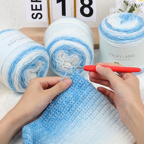 Aeelike Gradient Yarn for Crocheting, 3 Skeins Cake Yarns 100g (3.52 oz) 245m (267 Yards) # 3 Light Weight Super Soft Ombré Yarns for Making Blanket Scarves Sweaters, Blue White Gradient - Image 2
