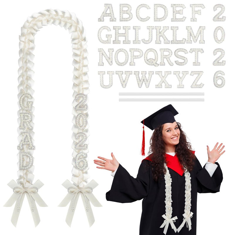 Maysing DIY Class of 2026 Graduation Leis with 30 Pearl Patches Letters and Numbers Graduation Money Leis Double Braided Ribbon Necklace for High School College 2026 Grad Party Decor(White) - Image 1