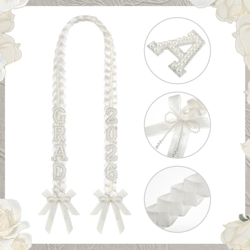 Maysing DIY Class of 2026 Graduation Leis with 30 Pearl Patches Letters and Numbers Graduation Money Leis Double Braided Ribbon Necklace for High School College 2026 Grad Party Decor(White) - Image 5