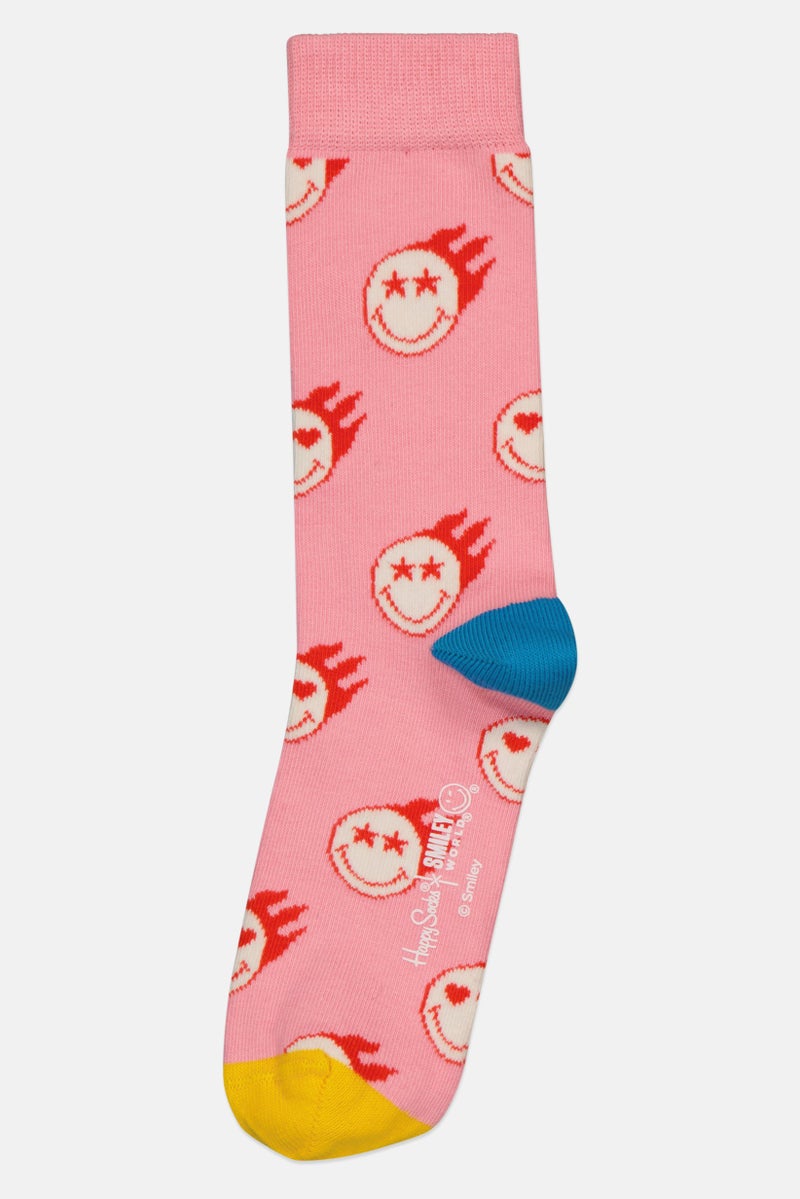 Happy Socks x Smiley World Kids Girl 1 Pair Zen Smiley Crew Socks, Pink - Image 1