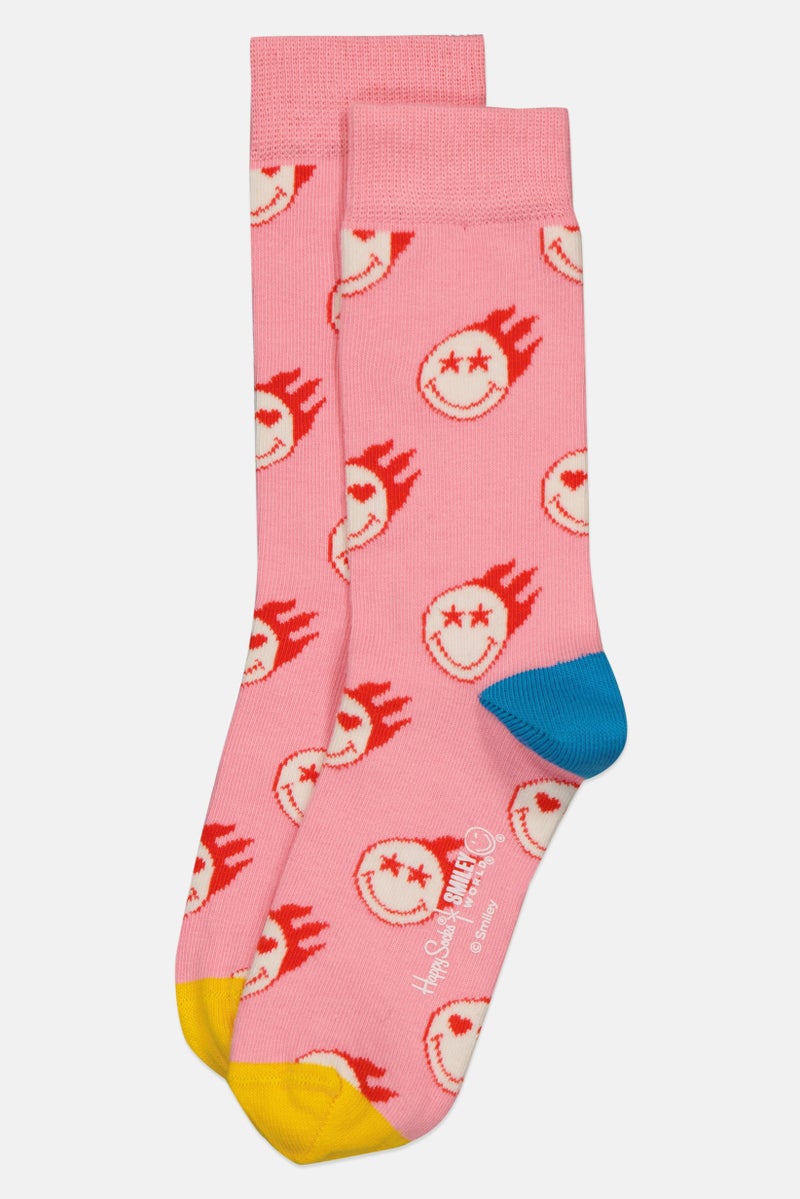 Happy Socks x Smiley World Kids Girl 1 Pair Zen Smiley Crew Socks, Pink - Image 3