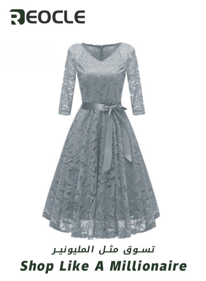 ريوكل فستان دانتيل نسائي بأكمام طويلة وخط A متوسط ​​الطول لحفلات التخرج الرسمية وفستان وصيفة العروس وضيفة حفل الزفاف وفستان كوكتيل من الدانتيل بنقشة الزهور العتيقة - Image 3