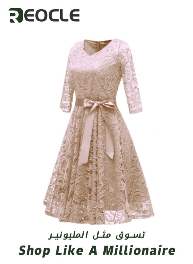 ريوكل فستان دانتيل نسائي بأكمام طويلة وخط A متوسط ​​الطول لحفلات التخرج الرسمية وفستان وصيفة العروس وضيفة حفل الزفاف وفستان كوكتيل من الدانتيل بنقشة الزهور العتيقة - Image 5