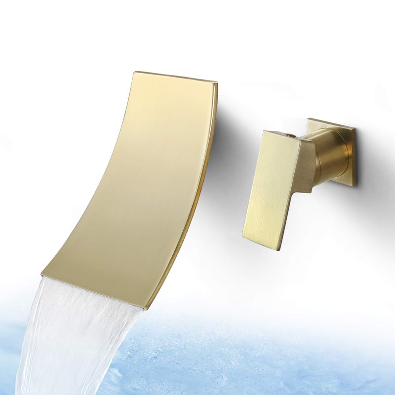 SKOWLL Single Handle Wall Mount Bathroom Sink Faucet Brushed Gold Waterfall Modern Tub Faucet Set Waterfall Spout