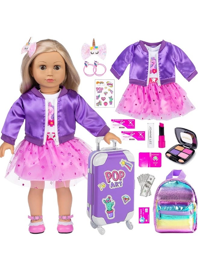 ebuddy - 18 Inch Doll Clothes and Accessories School Supplies Playset and Makeup Accesscories Doll Travel Suitcase Set Including Coat,Dress,Suitcase,Hairpin,Hair Ring,Stickers,Makeup Set (No Doll) - Image 1
