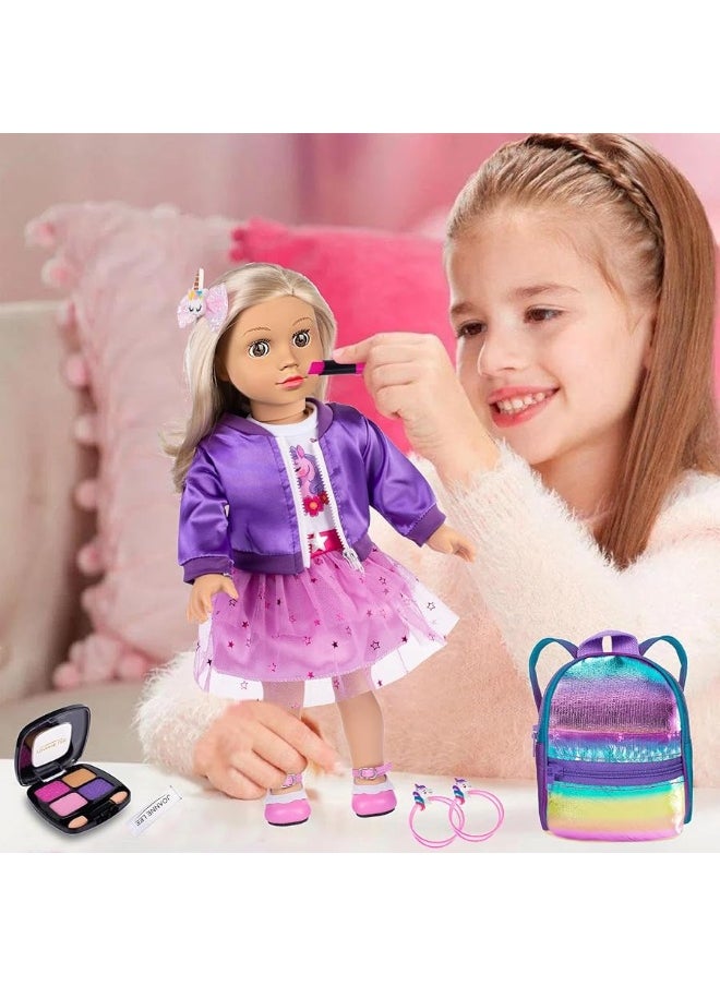 ebuddy - 18 Inch Doll Clothes and Accessories School Supplies Playset and Makeup Accesscories Doll Travel Suitcase Set Including Coat,Dress,Suitcase,Hairpin,Hair Ring,Stickers,Makeup Set (No Doll) - Image 1
