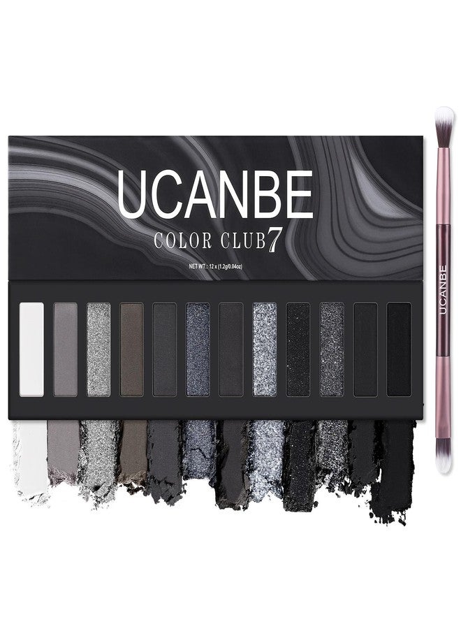 UCANBE Smokey Eyeshadow Palette, Dark Black White Gray Silver Natural Nude Matte Shimmer Eye Shadow Pallet for Smoky Emo Goth Makeup, 12 Color High Pigmented Long Lasting Waterproof Pallete with Brush - Image 1