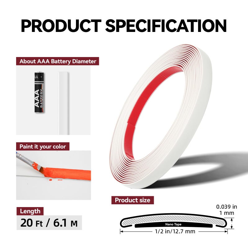JSIWOTH 20FT x 1/4in Peel and Stick Trim for Backsplash, Flexible Molding Strip, Self Adhesive Mirror Trim, Tile Edge Decorative Border, Plastic Wall Molding, White - Image 4
