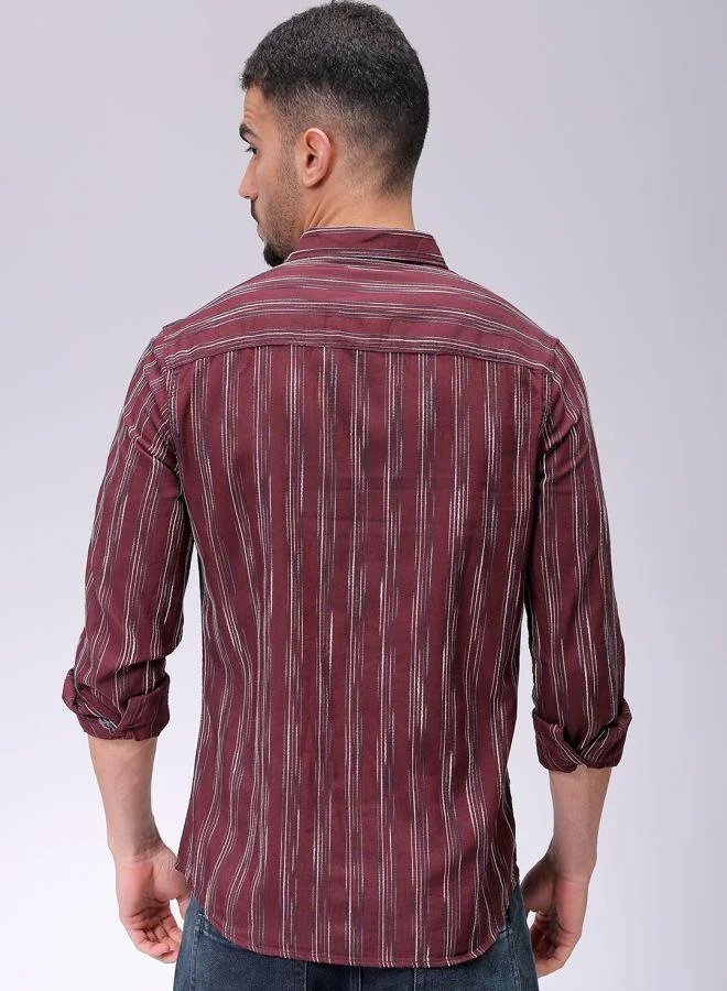The Indian Garage Co Men Slim Fit Striped Full Sleeves Cutaway Collar Casual Shirt