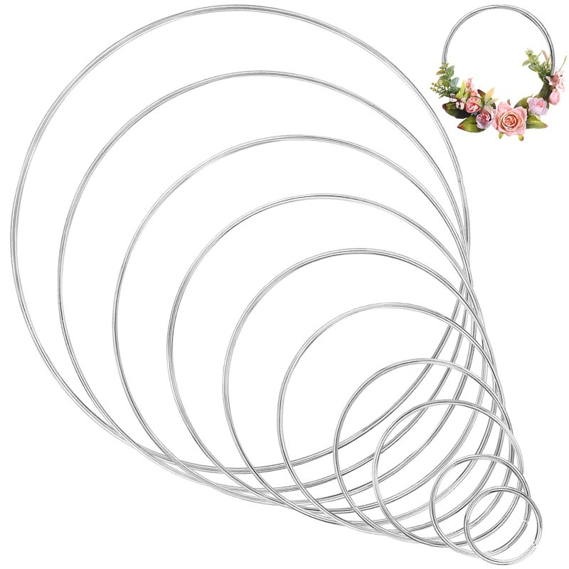 Benvo Metal Craft Hoops Dream Catcher Rings Steel Macrame Rings Floral Hoops for Making Wedding Wreath, Dream-Catchers, Macrame DIY Projects, 10 Pieces in 10 Different Sizes(Silver) - Image 1