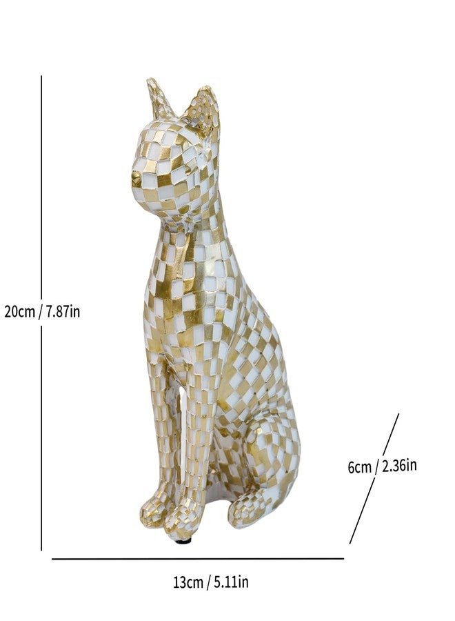 LINZHEN Checkerboard Mosaic Cat Decor - Minimalist White and Gold Cat Figurine Sculpture for Bedroom Desk Room Home Decor, Unique Gift for Cat Lovers - Image 4