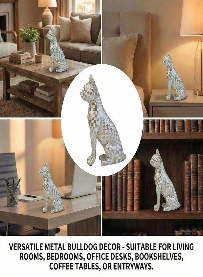 LINZHEN Checkerboard Mosaic Cat Decor - Minimalist White and Gold Cat Figurine Sculpture for Bedroom Desk Room Home Decor, Unique Gift for Cat Lovers - Image 3