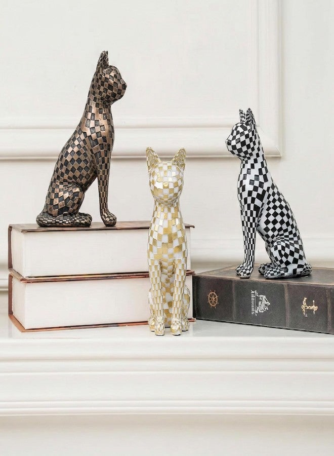 LINZHEN Checkerboard Mosaic Cat Decor - Minimalist White and Gold Cat Figurine Sculpture for Bedroom Desk Room Home Decor, Unique Gift for Cat Lovers - Image 2