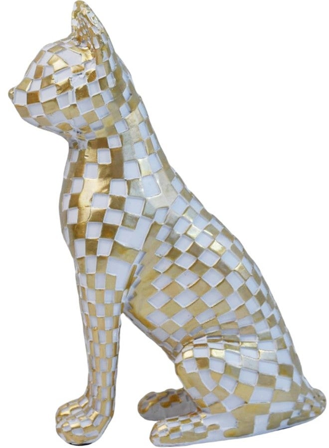 LINZHEN Checkerboard Mosaic Cat Decor - Minimalist White and Gold Cat Figurine Sculpture for Bedroom Desk Room Home Decor, Unique Gift for Cat Lovers - Image 1
