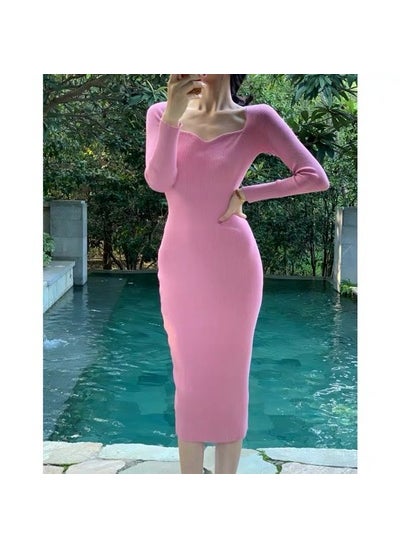 Generic 2023 Autumn/Winter New Arrival Womens Knit Dress V-Neck Long Sleeve Medium-Length Slimming Base Layer Fashion Outfit Rose Red (normal version) 