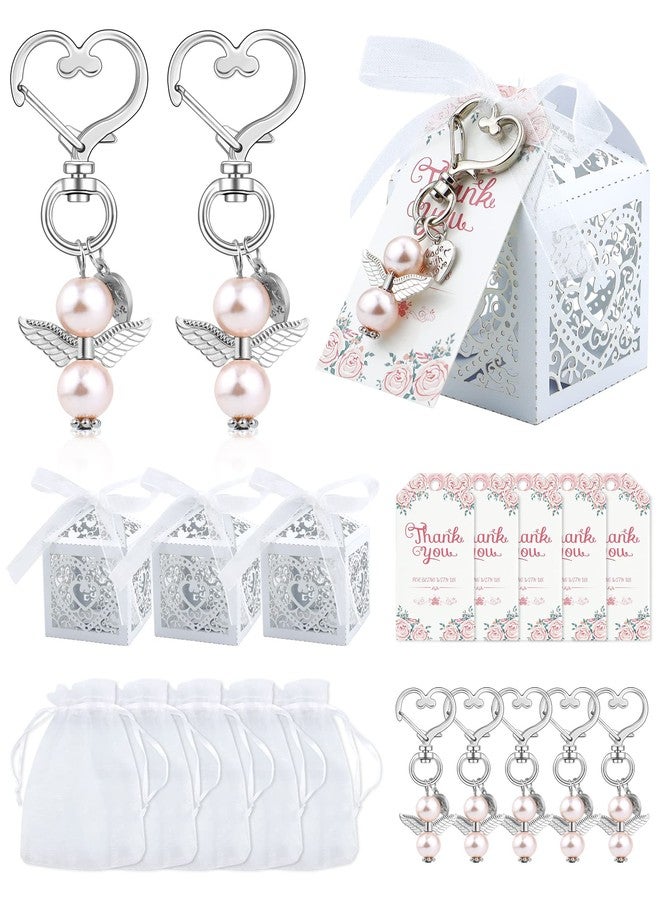 YETOOME 100 Pcs Baby Shower Favors for Girls, Angel Keychains Baptism Favor Boxes White Organza Bags with Drawstring Thank You Tags for Baby Shower Baptism Party Gift, 25 Sets (Pink) - Image 1