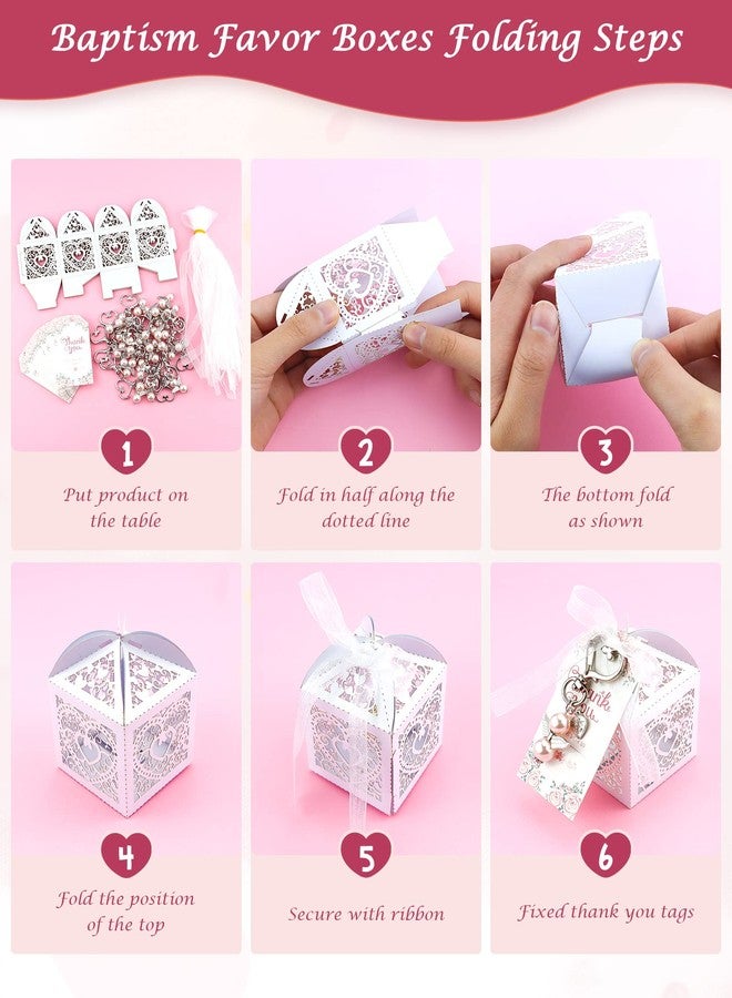 YETOOME 100 Pcs Baby Shower Favors for Girls, Angel Keychains Baptism Favor Boxes White Organza Bags with Drawstring Thank You Tags for Baby Shower Baptism Party Gift, 25 Sets (Pink) - Image 4
