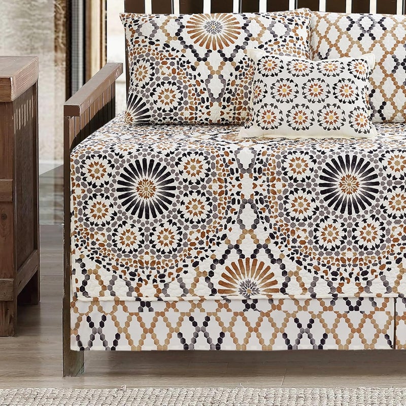 BYTIDE 6 Piece Reversible Microfiber Sunrise Printed Daybed Cover Set, All Season Luxury Bedding with Bedskirt, Matching Shams, Decorative Pillow, 75"x39", Caramel Gray - Image 3