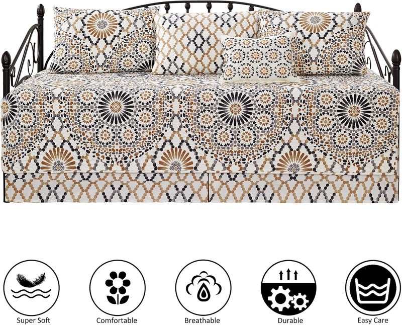 BYTIDE 6 Piece Reversible Microfiber Sunrise Printed Daybed Cover Set, All Season Luxury Bedding with Bedskirt, Matching Shams, Decorative Pillow, 75"x39", Caramel Gray - Image 5