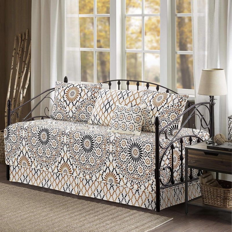 BYTIDE 6 Piece Reversible Microfiber Sunrise Printed Daybed Cover Set, All Season Luxury Bedding with Bedskirt, Matching Shams, Decorative Pillow, 75"x39", Caramel Gray - Image 1