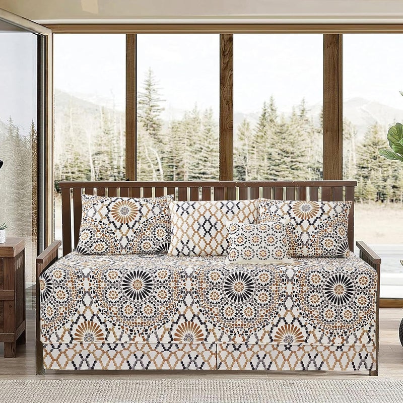 BYTIDE 6 Piece Reversible Microfiber Sunrise Printed Daybed Cover Set, All Season Luxury Bedding with Bedskirt, Matching Shams, Decorative Pillow, 75"x39", Caramel Gray - Image 2