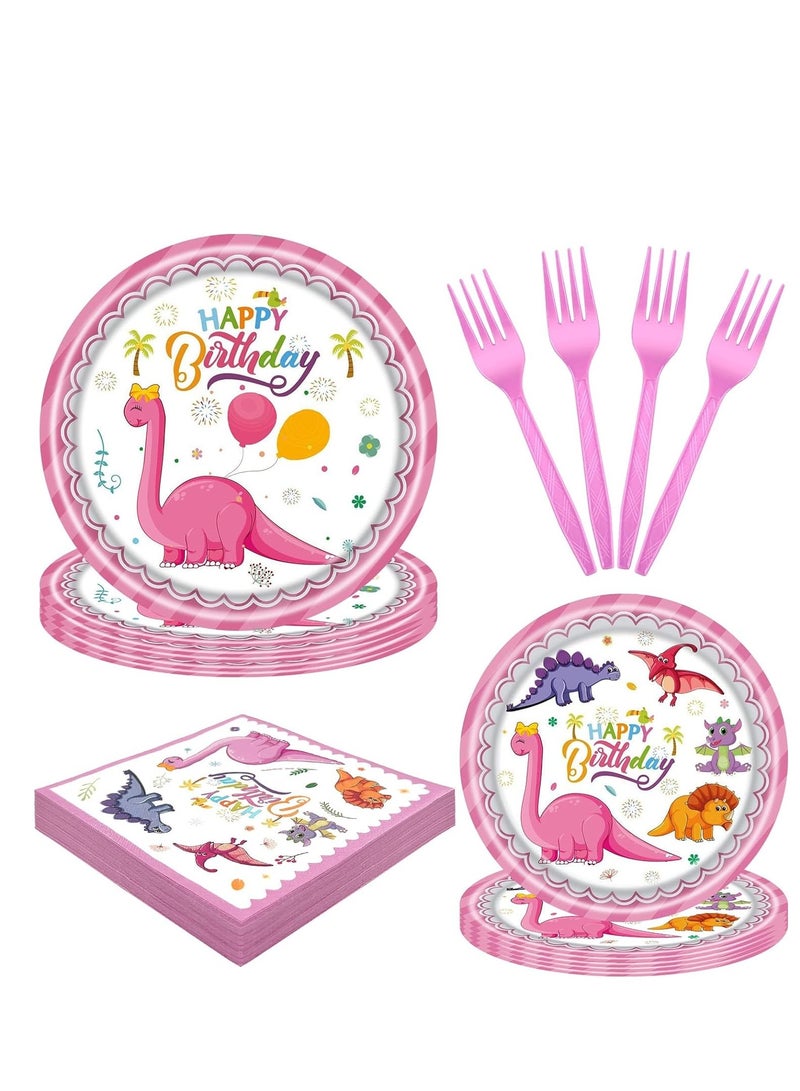 SYOSI 80 PCS Pink Dinosaur Party Supplies Birthday Tableware Set for Girls Plates Napkins Forks Decorations for Favors  - Image 1