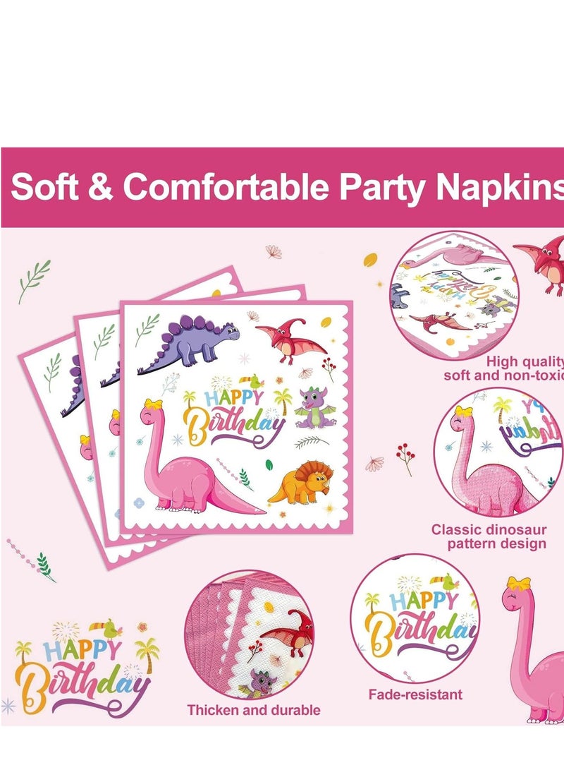 SYOSI 80 PCS Pink Dinosaur Party Supplies Birthday Tableware Set for Girls Plates Napkins Forks Decorations for Favors  - Image 4