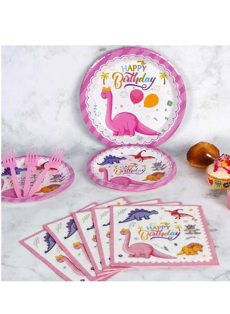 SYOSI 80 PCS Pink Dinosaur Party Supplies Birthday Tableware Set for Girls Plates Napkins Forks Decorations for Favors  - Image 5