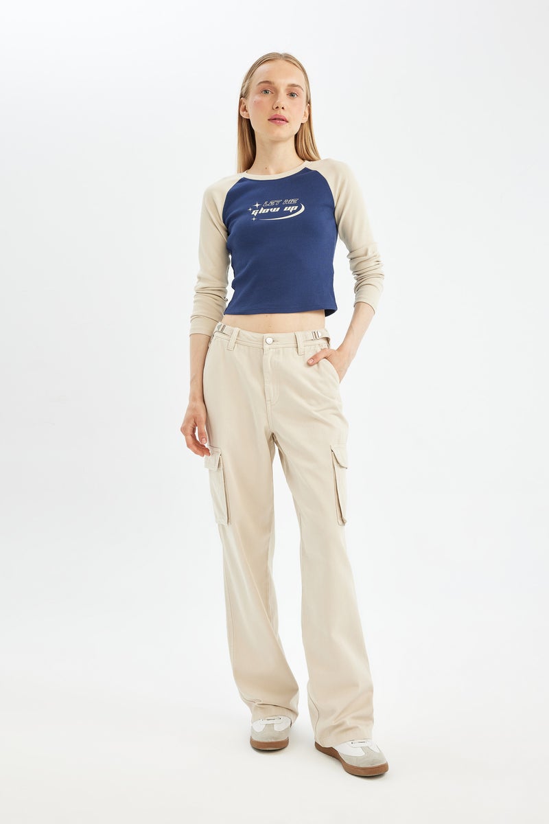 DeFacto Blue Woman Fitted Crew Neck Ribbed Camisole Printed T-Shirt Casual - Image 2