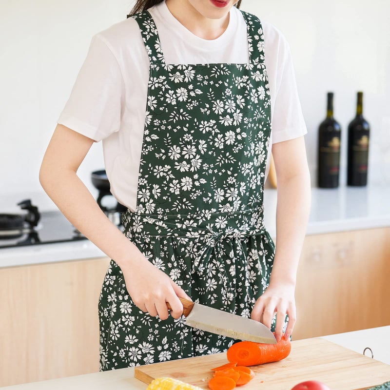 Pinknoke Vintage Pinafore Apron Dress for Women with Pockets Cute Floral Chef Aprons for Kitchen Cooking Baking Gardening (Green) - Image 5