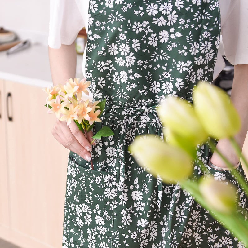 Pinknoke Vintage Pinafore Apron Dress for Women with Pockets Cute Floral Chef Aprons for Kitchen Cooking Baking Gardening (Green) - Image 3